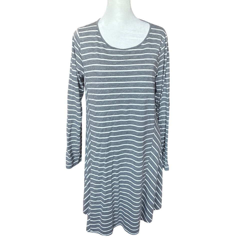 Stylus Womens Large Gray White Striped Long Sleeve Scoop Neck A-Line Tunic Dress